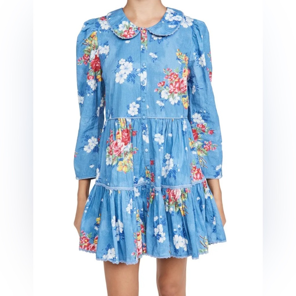 Loveshackfancy Marzia 100% cotton Floral Blue Dress with Peter Pan Collar size S
